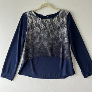 𝅺CHRISTY & Co. shimmer Blouse top blue Size LARGE LONG SLEEVE NWT